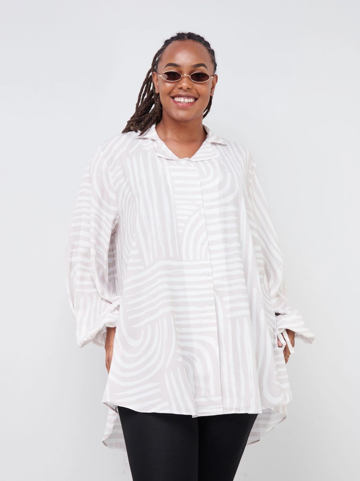 Vivo Malindi Bishop Sleeve Shirt (JK) - Nude Brown / White Abstract Print - Shop Zetu Kenya