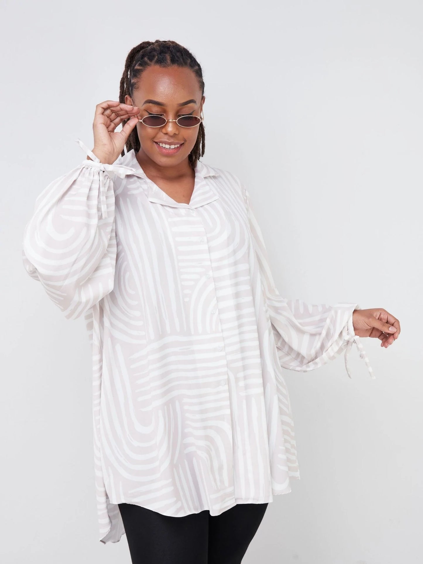 Vivo Malindi Bishop Sleeve Shirt (JK) - Nude Brown / White Abstract Print - Shop Zetu Kenya
