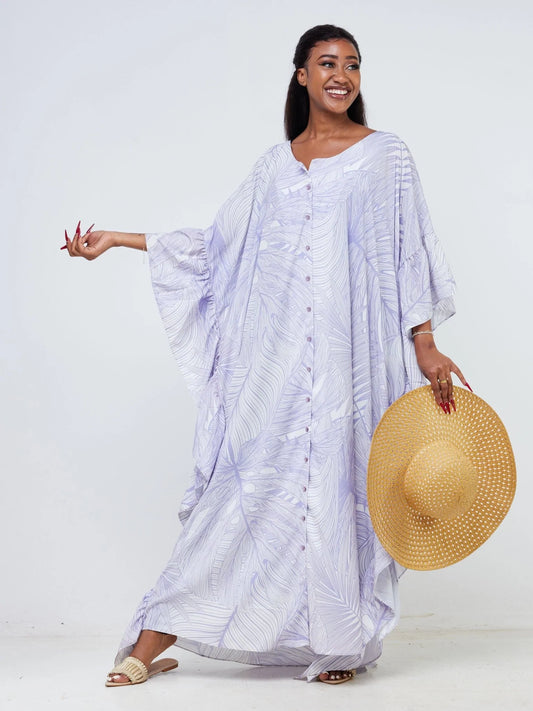Vivo Malindi Buttoned Kaftan (JK) - White / Lilac Tropical Floral Print - Shop Zetu Kenya