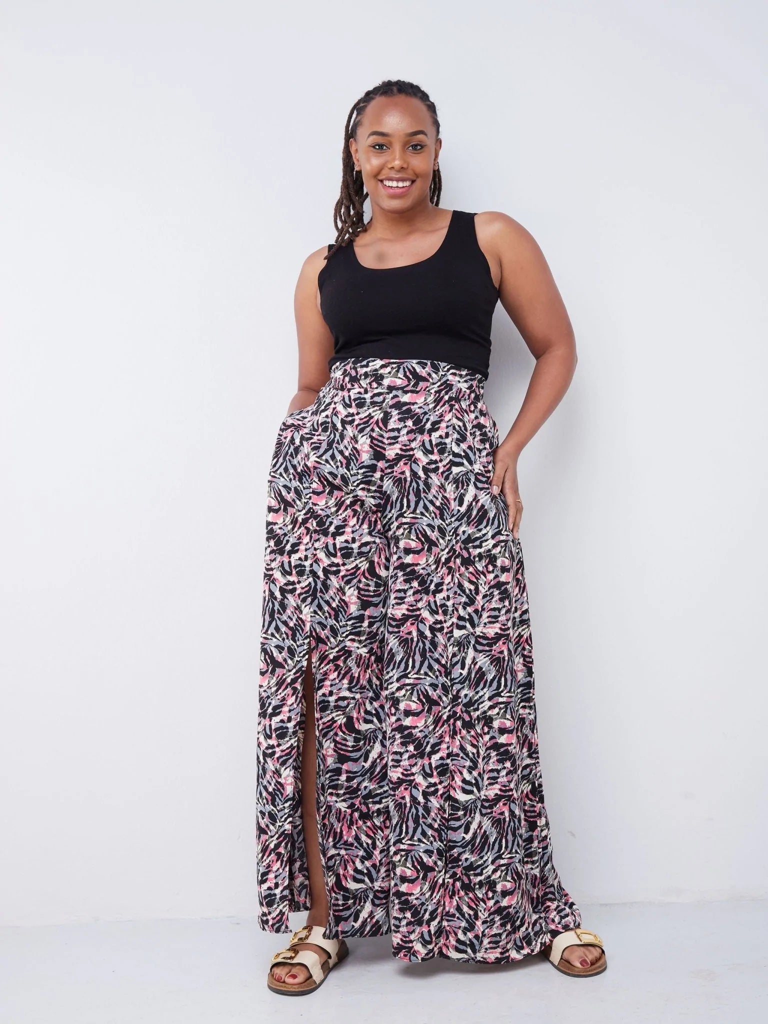 Vivo Malindi Front Slit Pants - Black / Pink Abstract Print - Shop Zetu Kenya