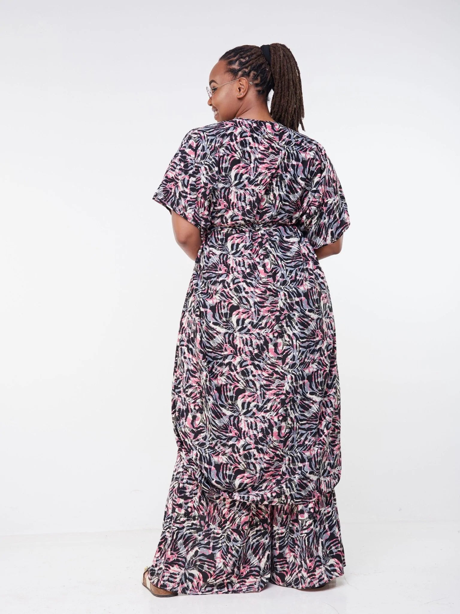 Vivo Malindi Wrap Midi Kaftan - Black / Pink Abstract Print - Shop Zetu Kenya