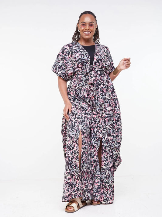 Vivo Malindi Wrap Midi Kaftan - Black / Pink Abstract Print - Shop Zetu Kenya
