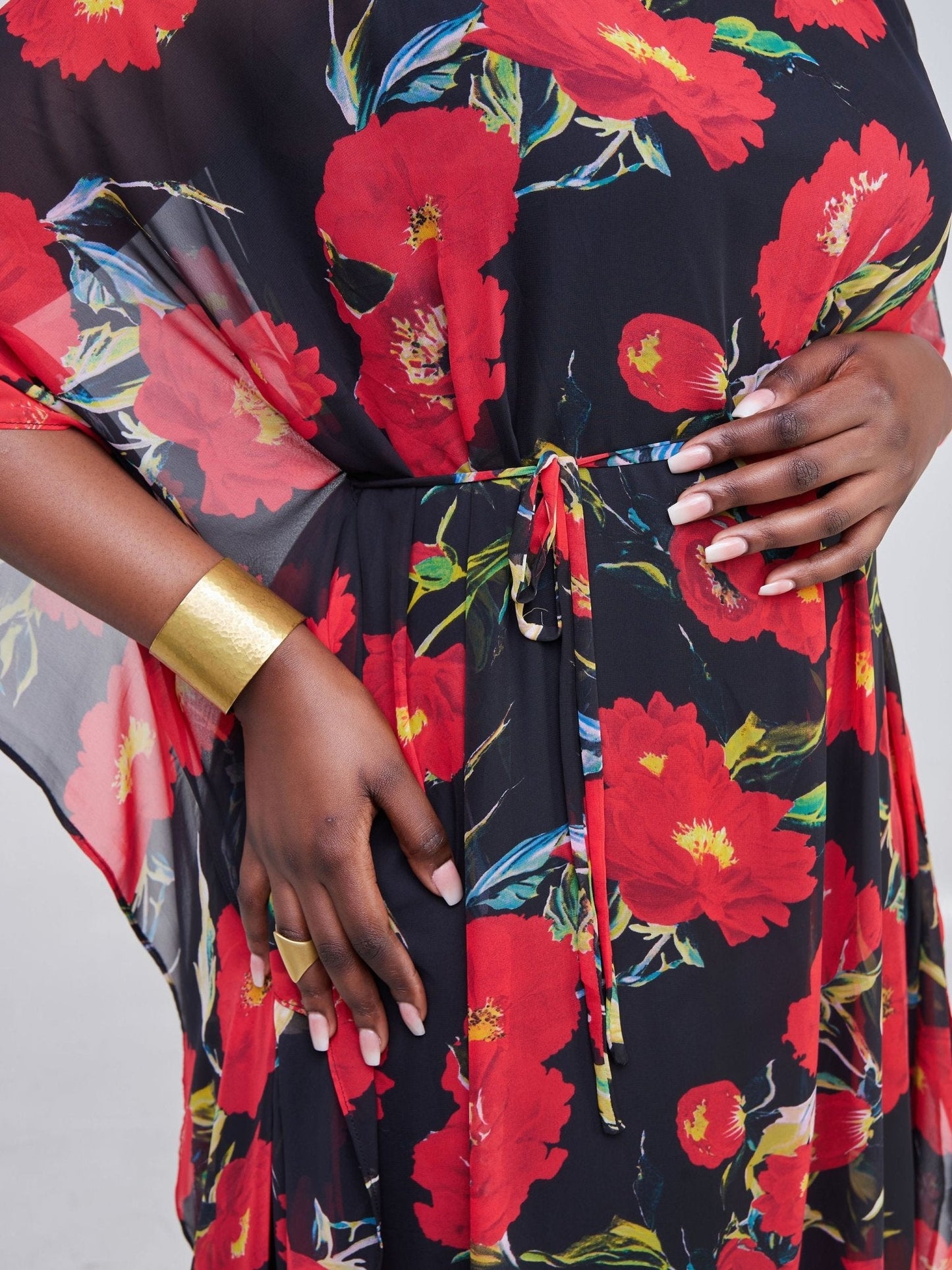 Vivo Muna Maxi Kaftan - Black / Red Floral Print - Shop Zetu Kenya