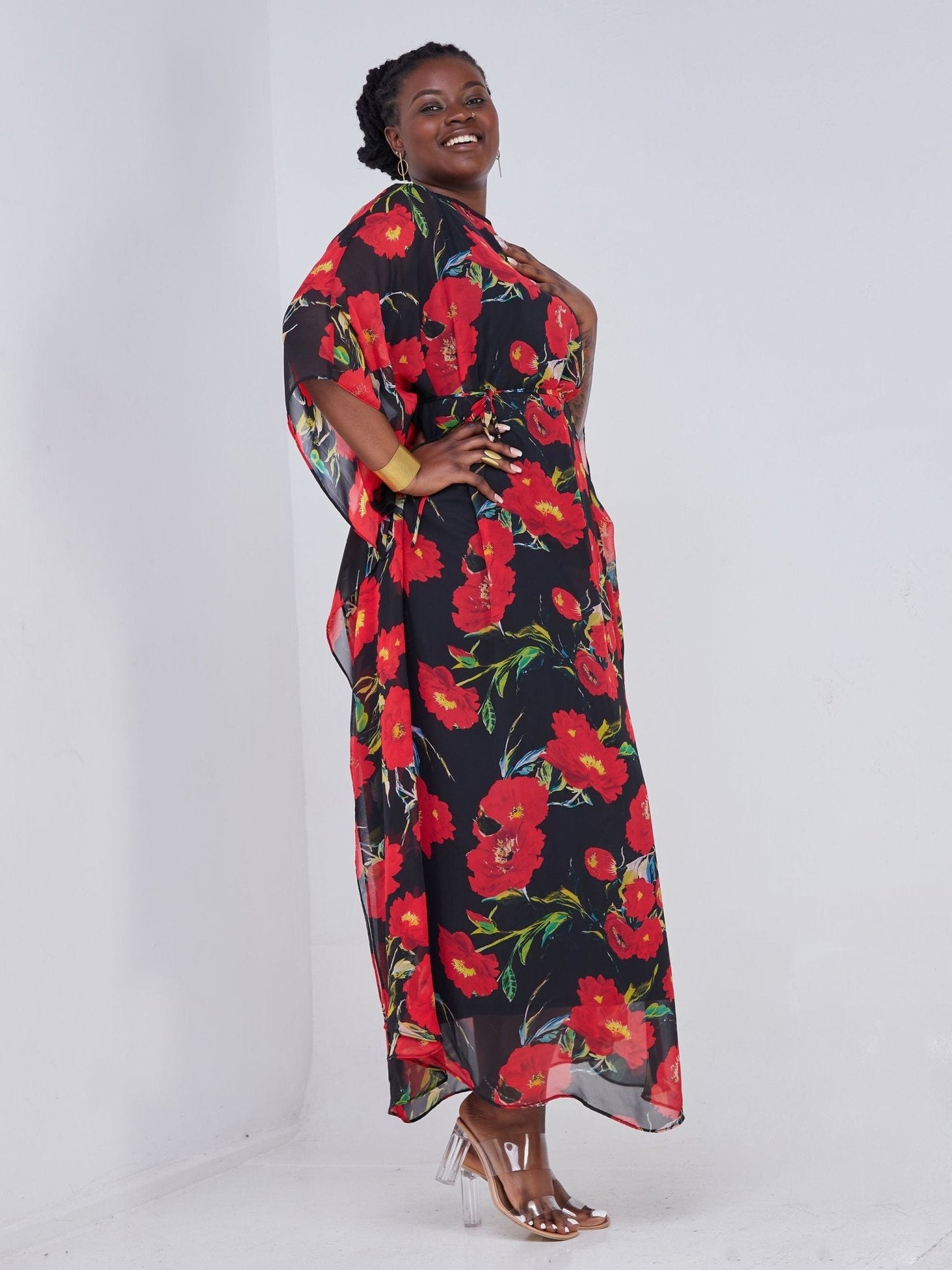 Vivo Muna Maxi Kaftan - Black / Red Floral Print - Shop Zetu Kenya