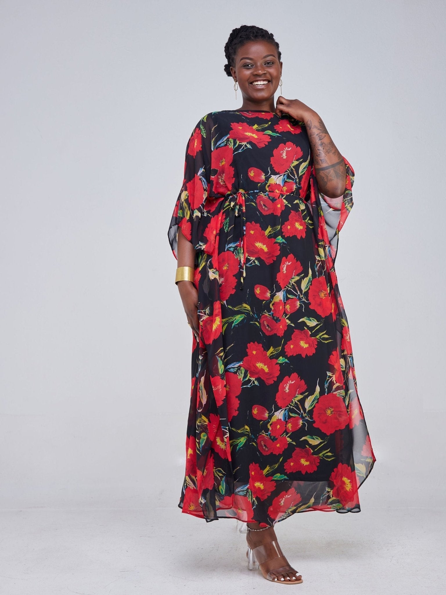 Vivo Muna Maxi Kaftan - Black / Red Floral Print - Shop Zetu Kenya