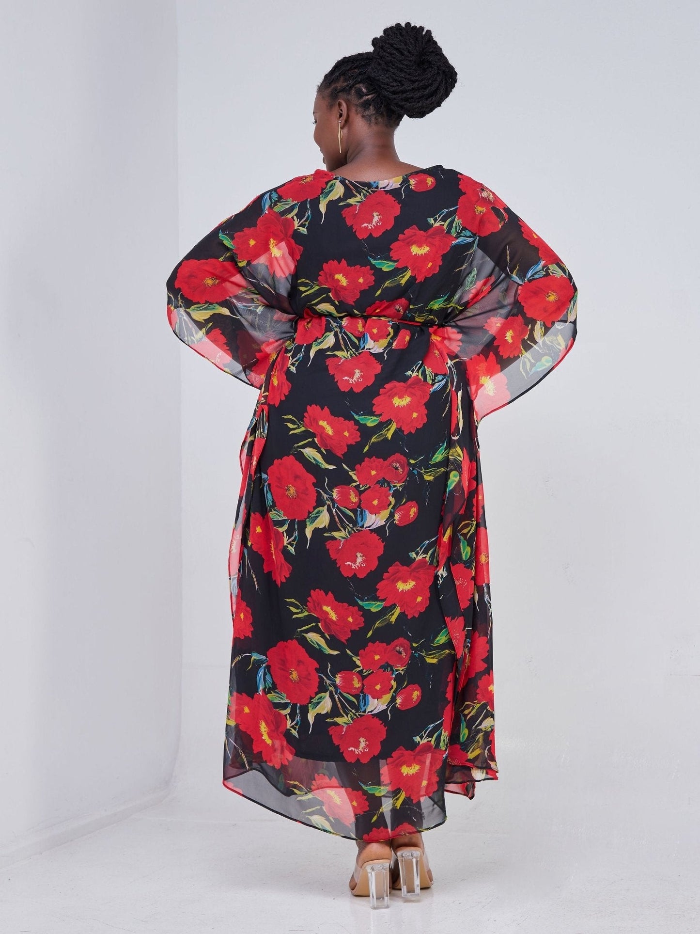 Vivo Muna Maxi Kaftan - Black / Red Floral Print - Shop Zetu Kenya
