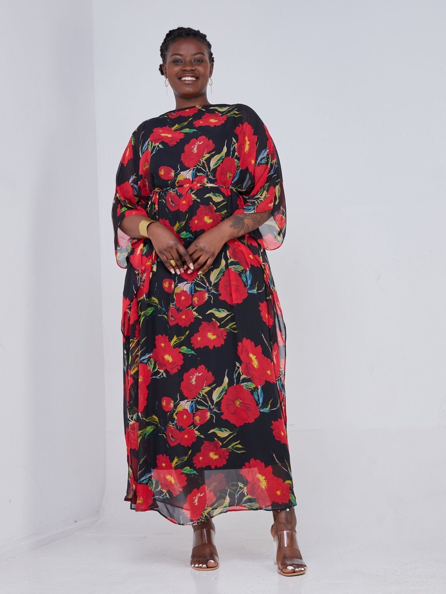 Vivo Muna Maxi Kaftan - Black / Red Floral Print - Shop Zetu Kenya