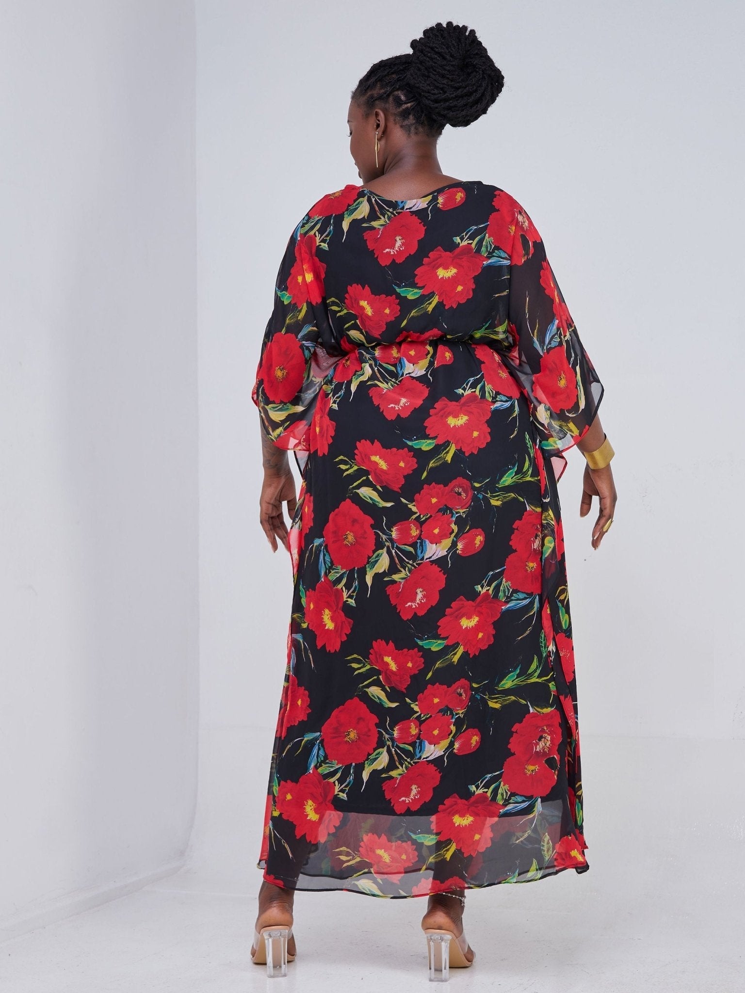 Vivo Muna Maxi Kaftan - Black / Red Floral Print - Shop Zetu Kenya