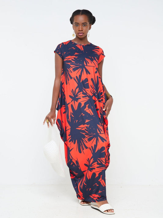 Vivo Tuni Side Cowl Maxi Dress - Navy Blue / Red Floral Print - Shop Zetu Kenya